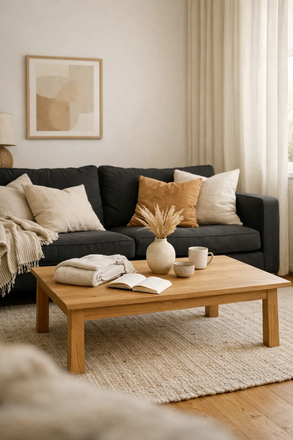 A black sofa styled in a warm neutral living room with cream textiles, light wood furniture, and soft layered decor.