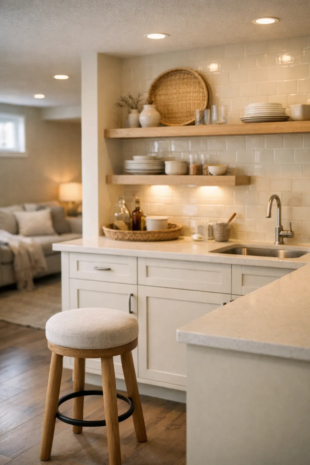 A bright neutral basement kitchenette with light cabinets, pale wood accents, and soft layered lighting.