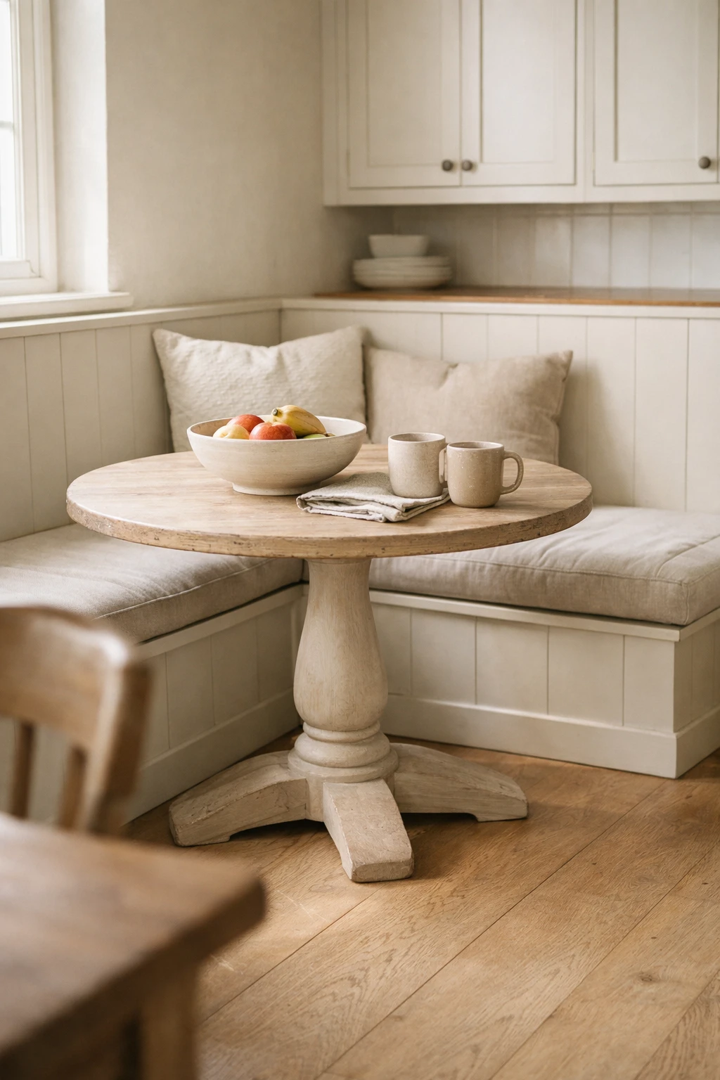 A built-in corner kitchen banquette with a pedestal table, soft neutral cushions, and warm wood accents.