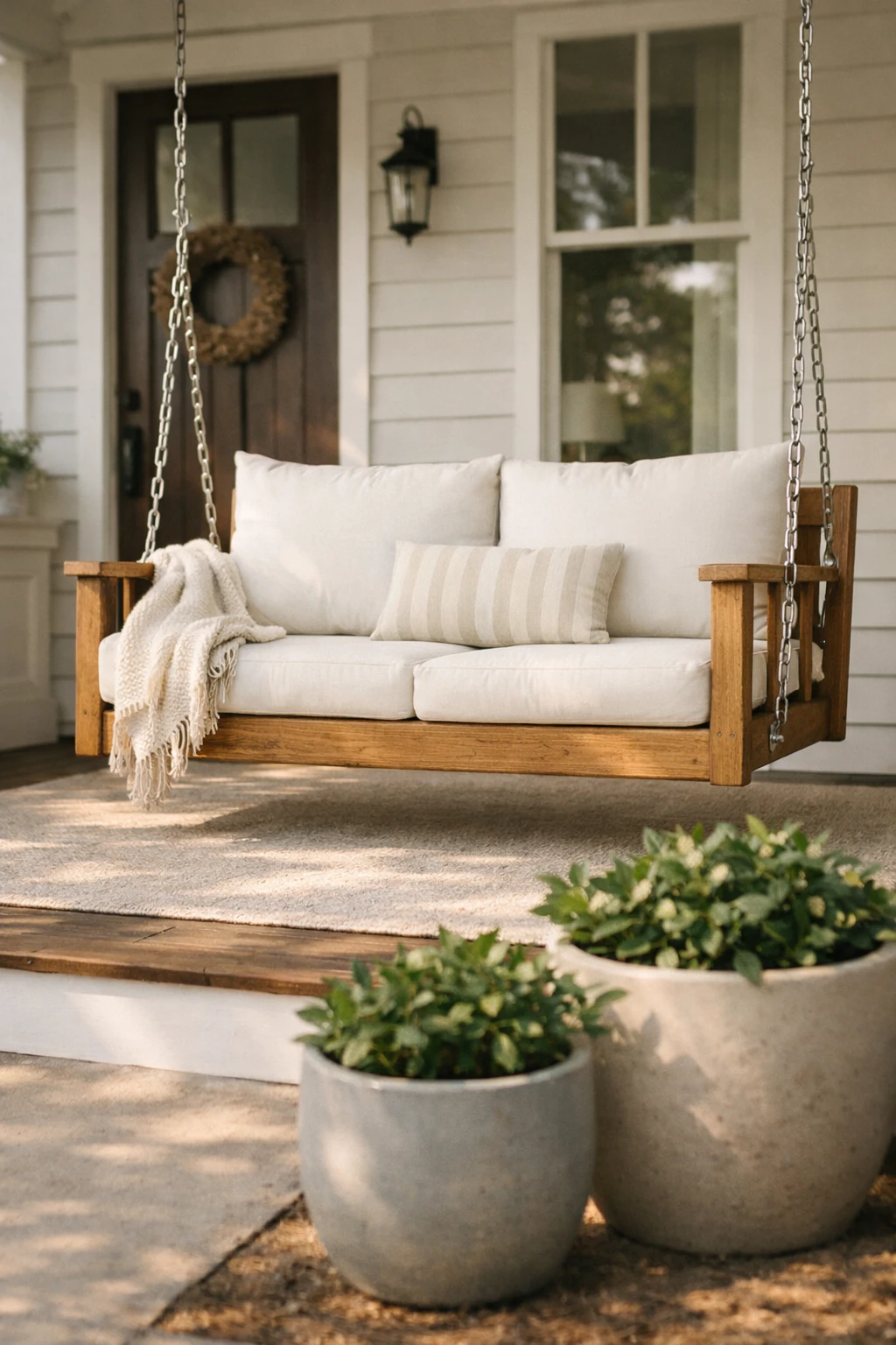 A classic wooden front porch swing with white cushions, neutral pillows, and potted greenery on a bright covered porch.