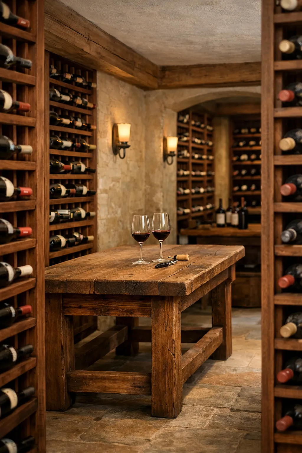 Traditional basement wine cellar with floor-to-ceiling wooden wine racks and warm ambient lighting.