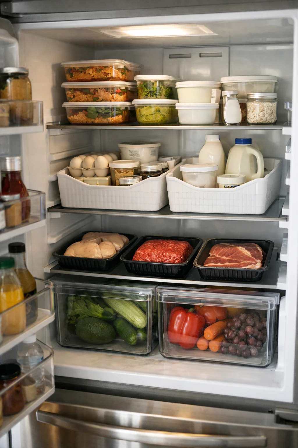 Organized refrigerator with clearly defined food zones and labeled sections