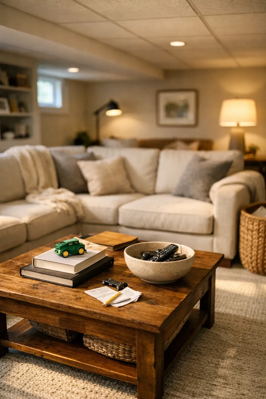 A warm basement family room with a deep sectional sofa, layered lighting, and soft neutral decor.