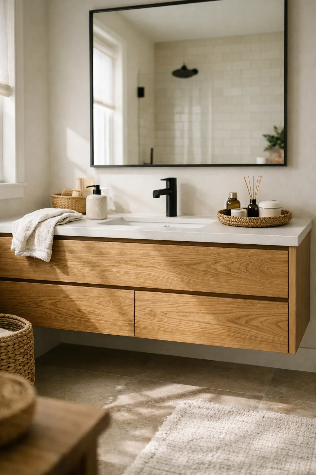 A modern neutral bathroom with a floating oak vanity, white countertop, and clean minimalist styling.