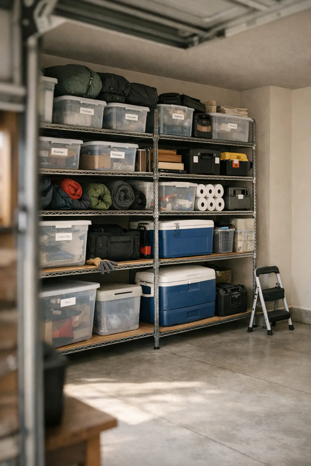 A tidy garage wall with tall shelving units holding clear labeled bins and household supplies.