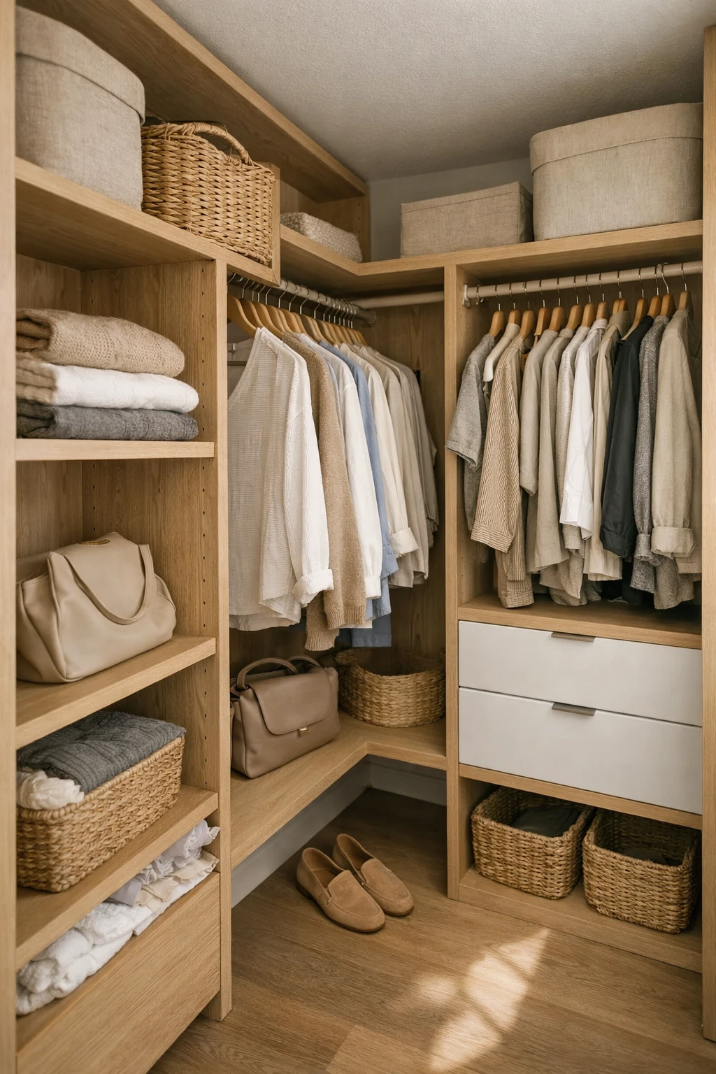 A small walk-in corner closet with an L-shaped layout, light shelving, and neatly arranged clothing.
