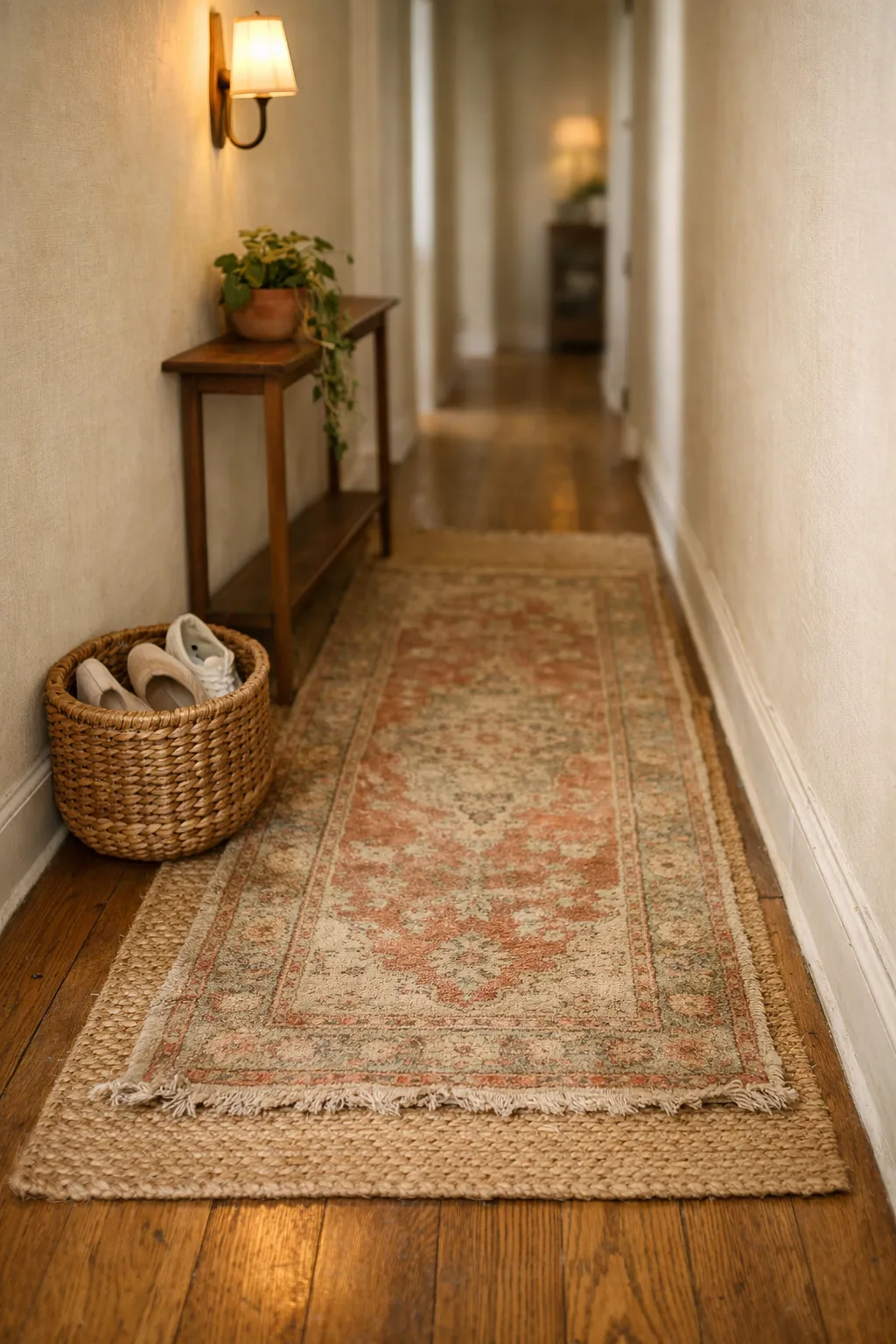 Layered jute and vintage patterned runner in a narrow bohemian hallway with warm lighting.