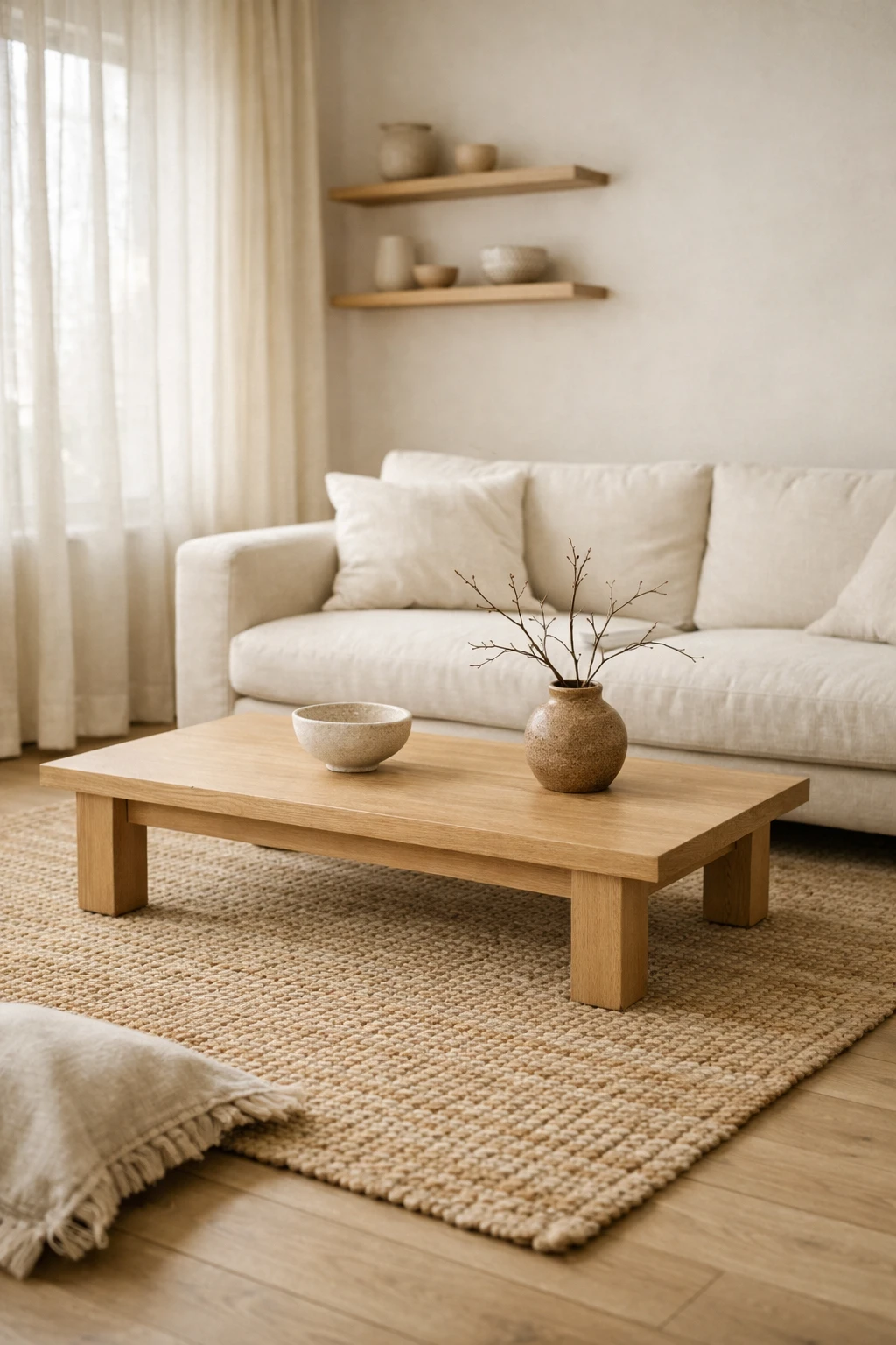 Bright Japandi living room with cream sofa, light oak coffee table, and neutral decor.
