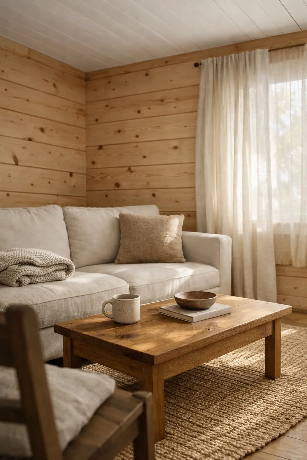 Small cabin living room with light wood walls and a white ceiling that brightens the space