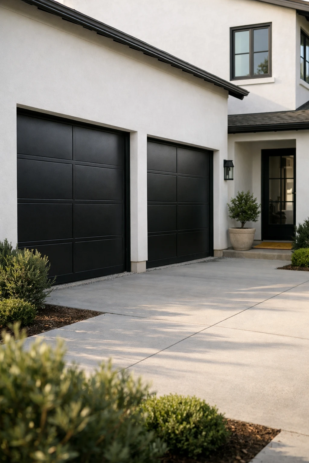 A modern home exterior with matte black garage doors, clean lines, and soft landscaping.