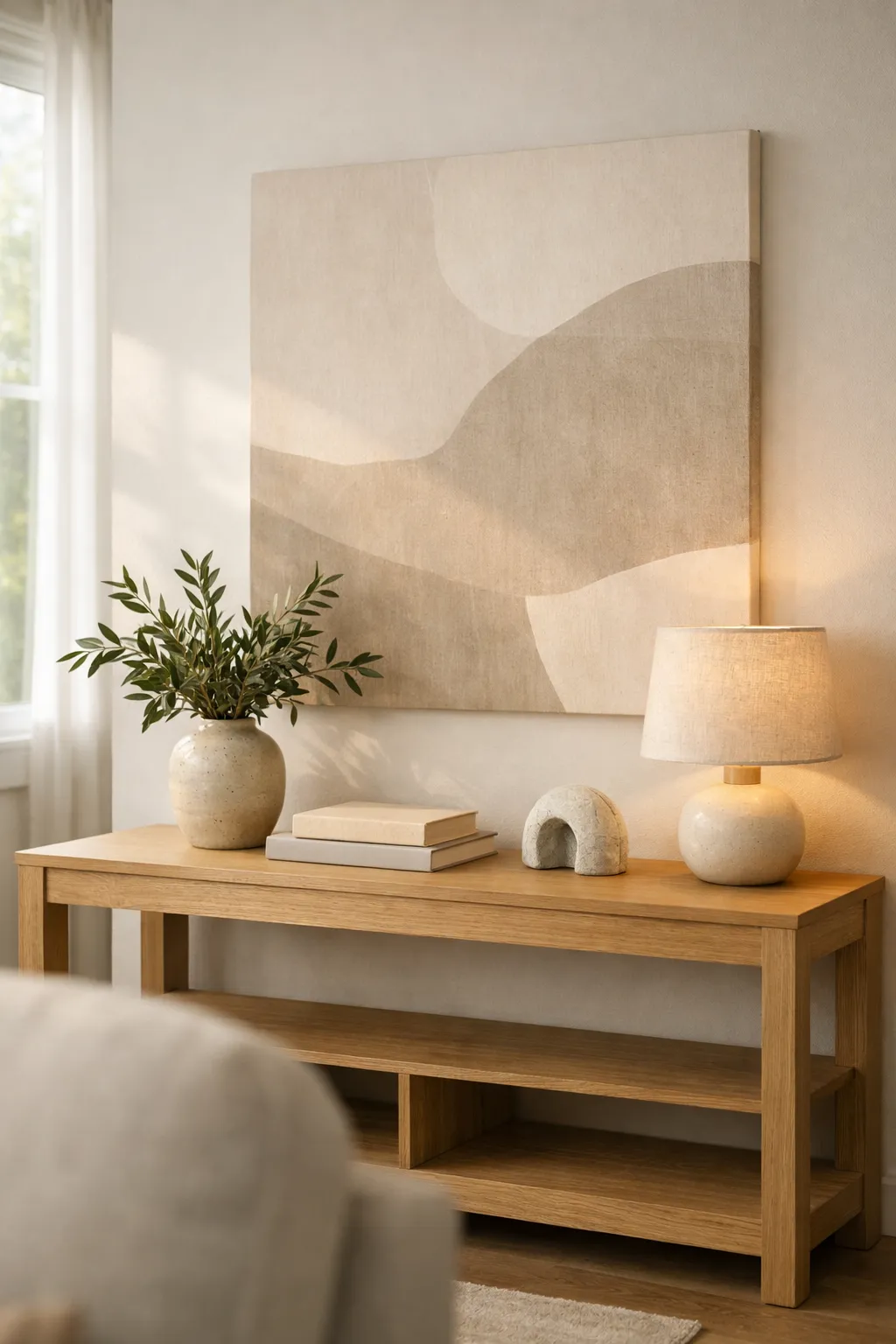 Modern neutral console table with abstract art, ceramic vase, and linen lamp in a bright living room.