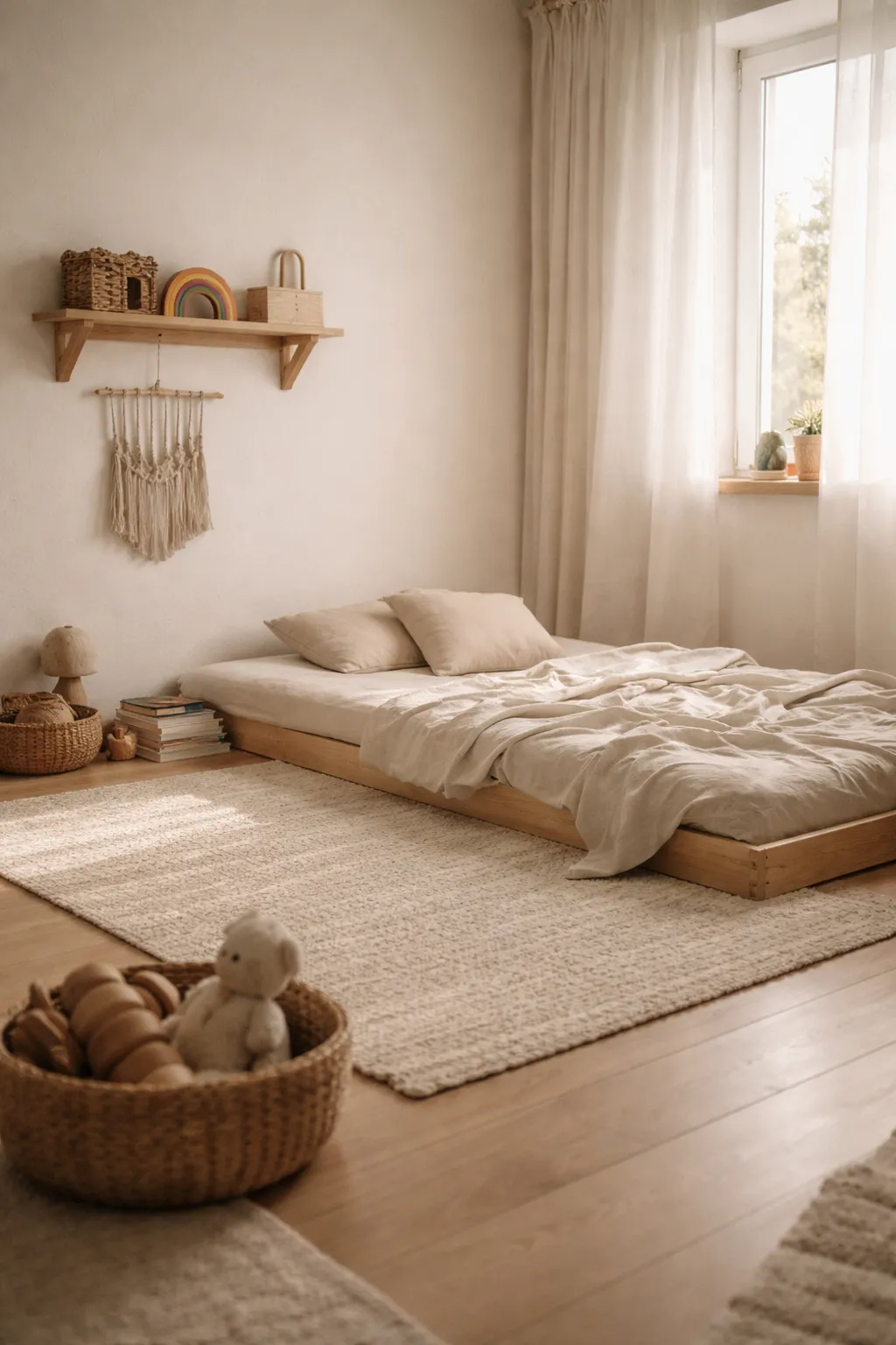 A calm Montessori kids bedroom with a low floor bed, soft bedding, open floor space, and natural wood furniture.