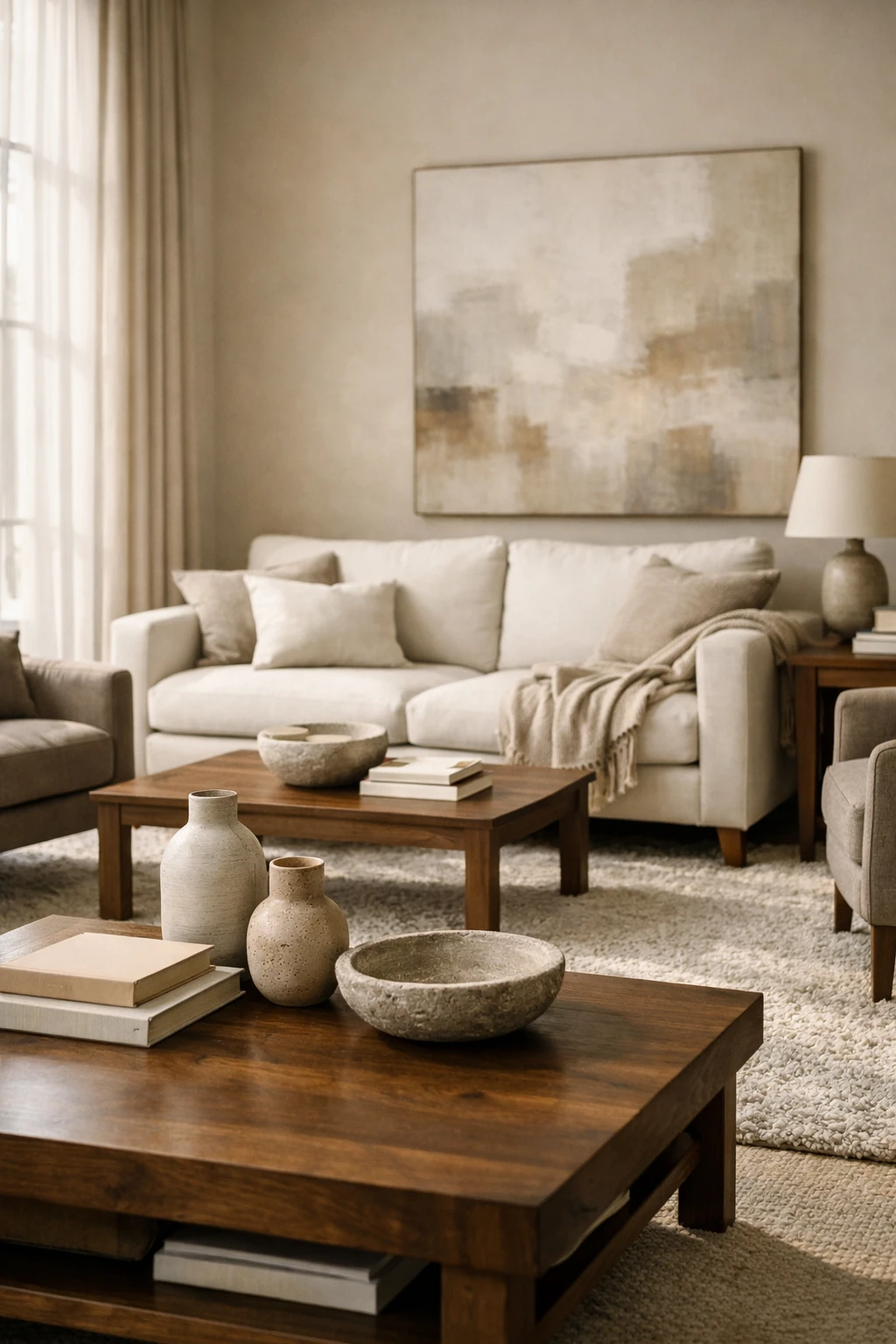 A luxury living room in layered neutral tones with a cream sofa, taupe rug, and warm wood accents.