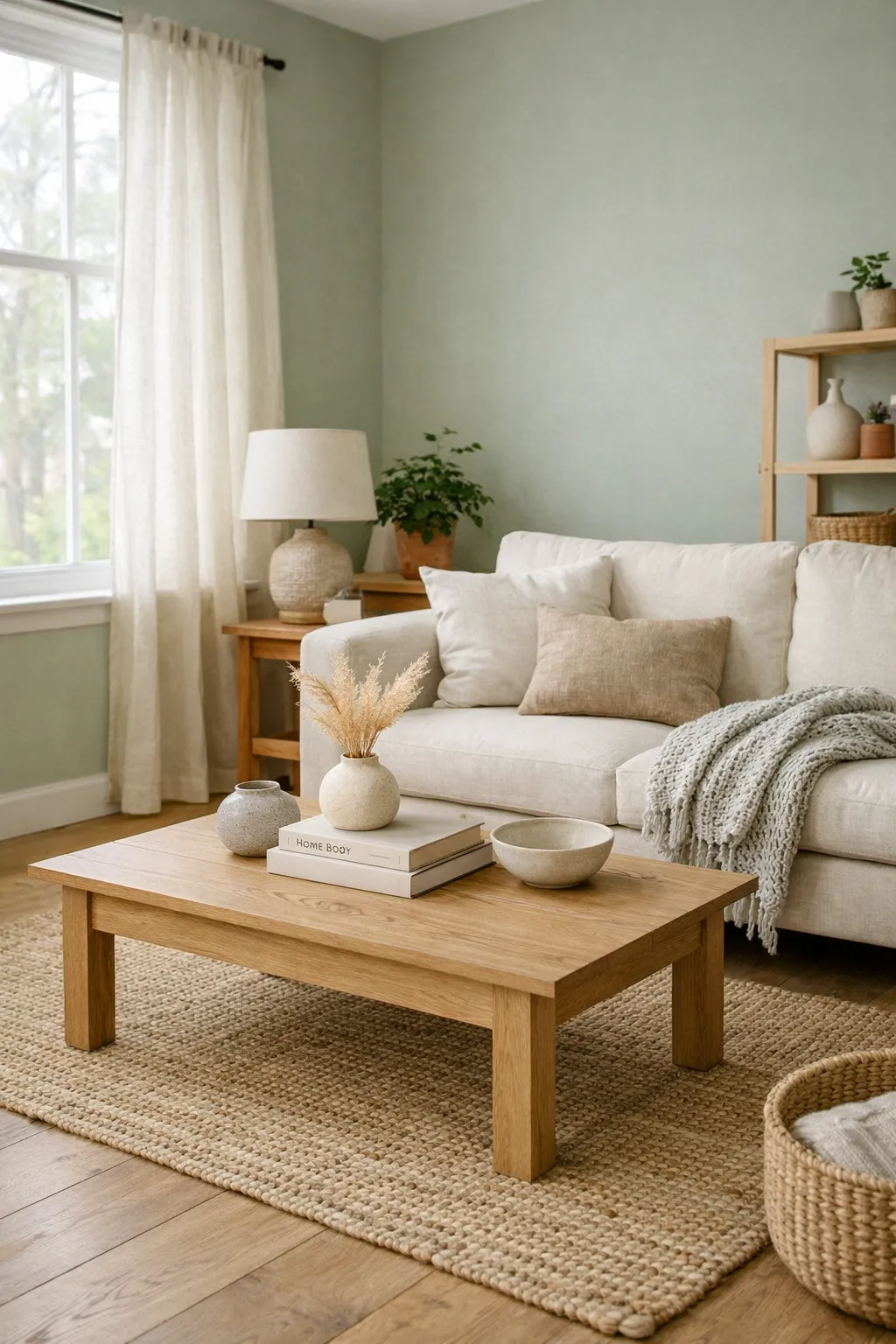 A calm living room with sage green walls, neutral furniture, and natural textures.