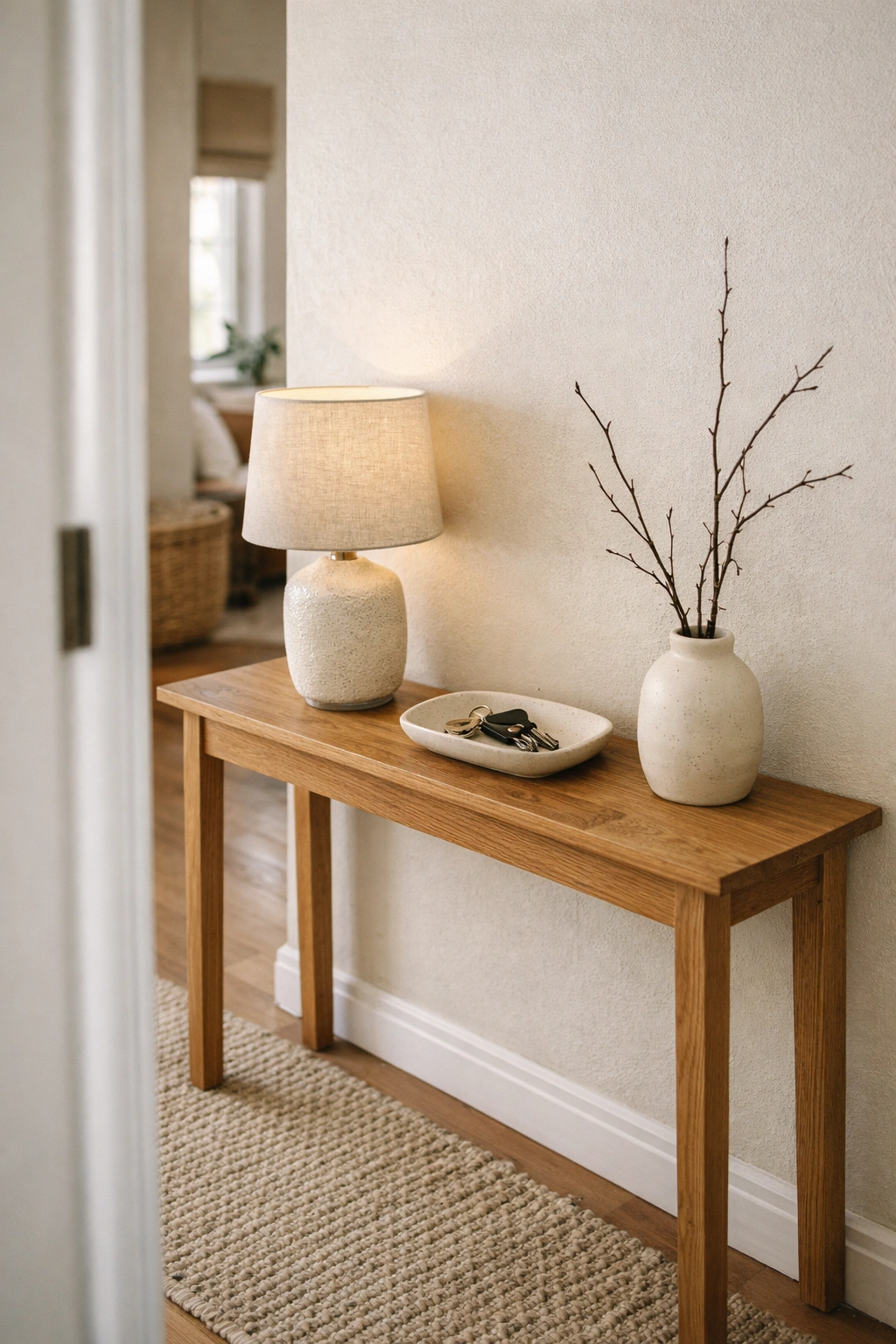 A home entrance with a slim console table styled with a lamp, tray, and simple decor.
