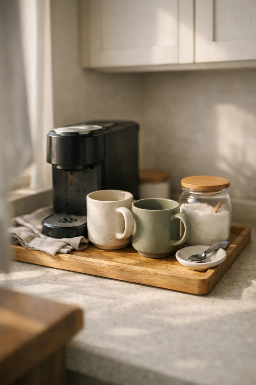 A small kitchen countertop coffee bar with mugs, jars, and a compact coffee maker styled in a neat and cozy way.