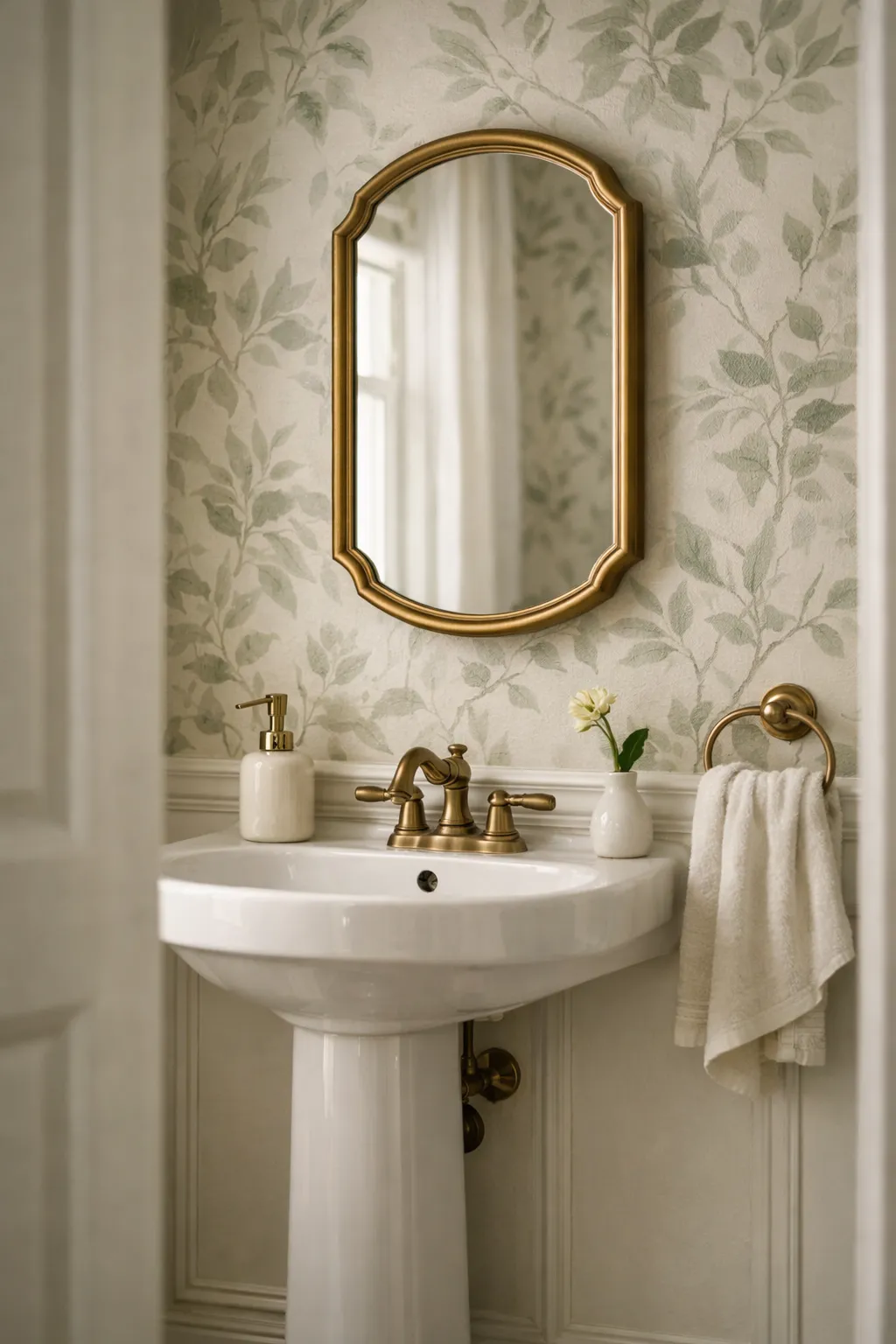 A small powder room with botanical statement wallpaper, a white sink, and warm brass accents.