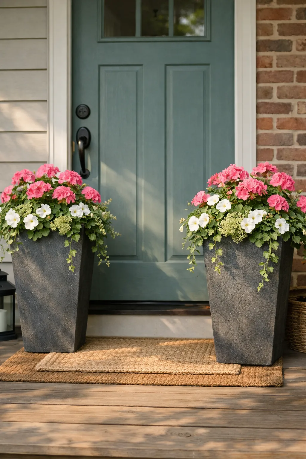 Two matching tall planters filled with flowers frame a front door on a welcoming porch.
