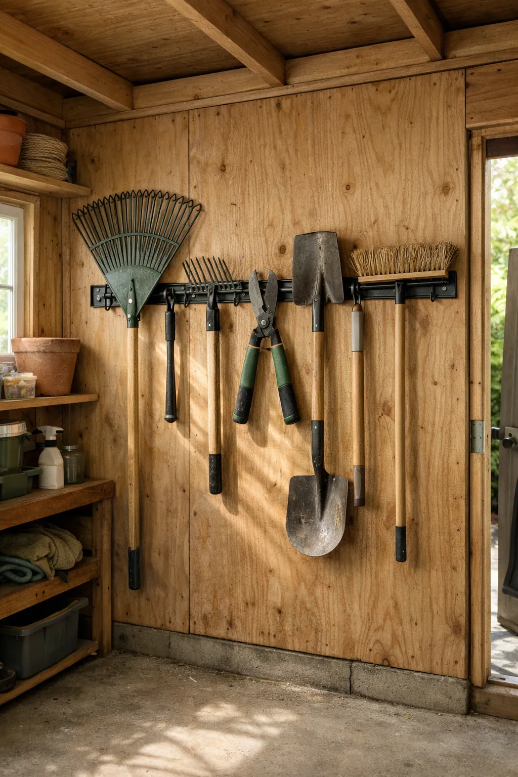 Wall-mounted rail system organizing long-handled garden tools inside a wooden backyard shed.