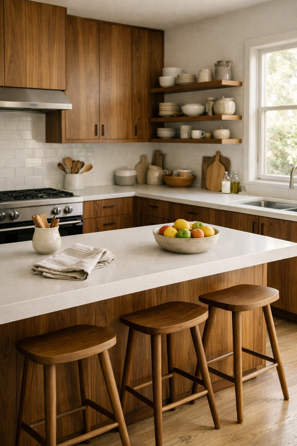 Mid century modern kitchen with walnut cabinets and white quartz countertops