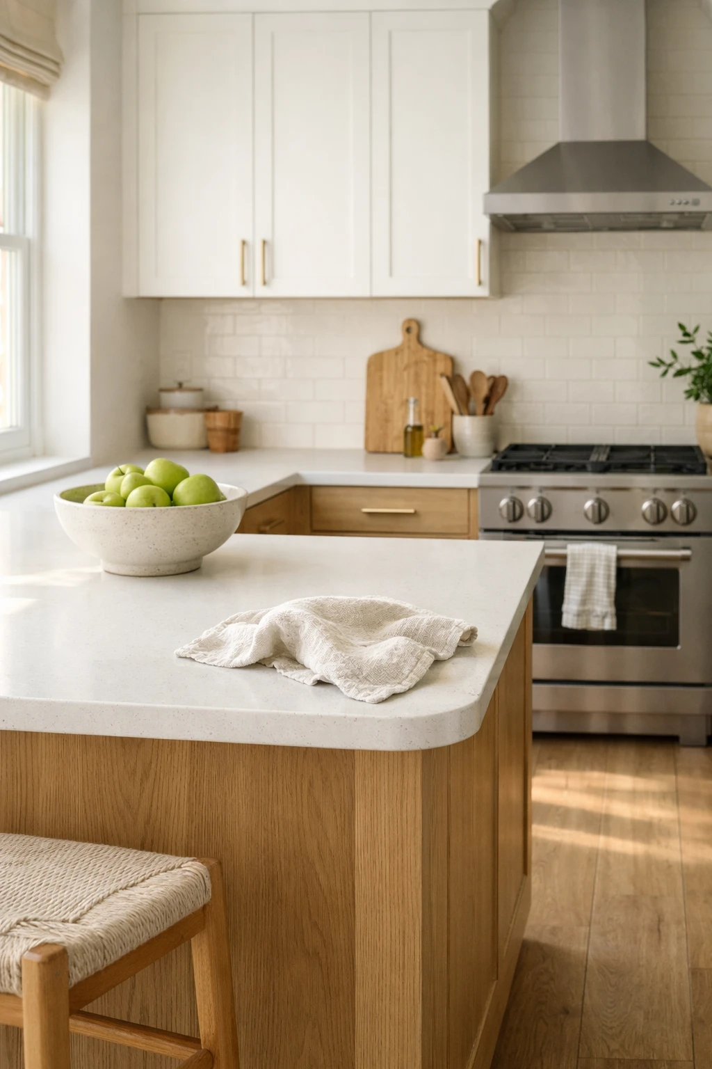 A bright kitchen with white upper cabinets, warm wood lower cabinets, white quartz counters, and soft daylight.