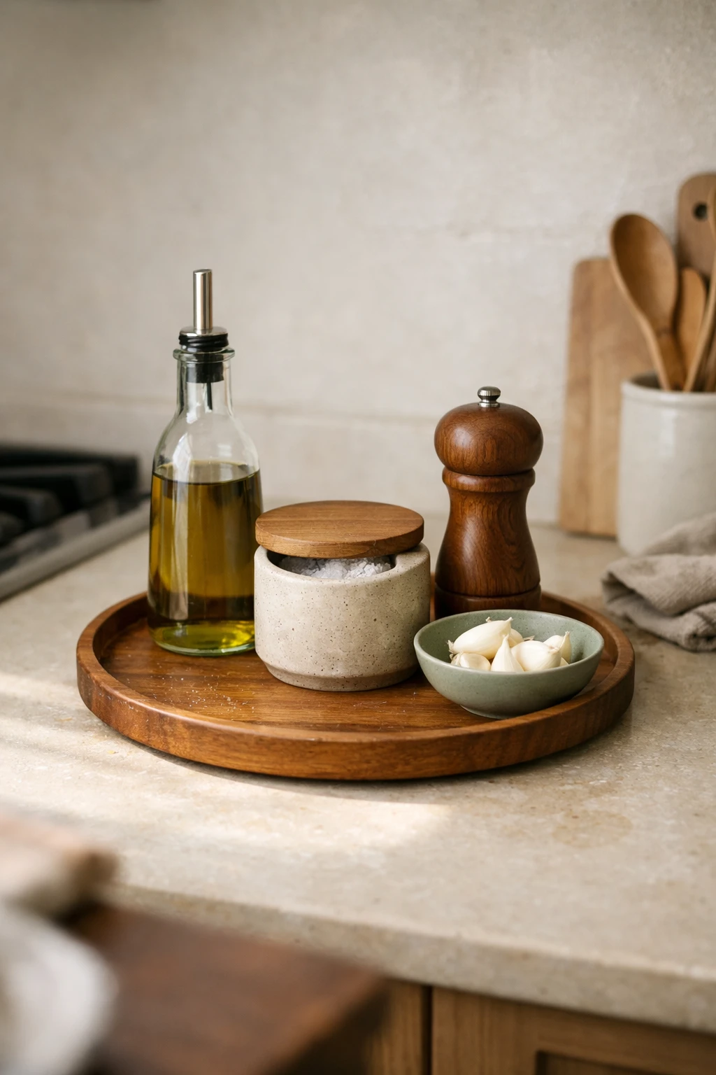 A styled kitchen counter with a wooden tray holding olive oil, salt, and a ceramic bowl near a bright backsplash.