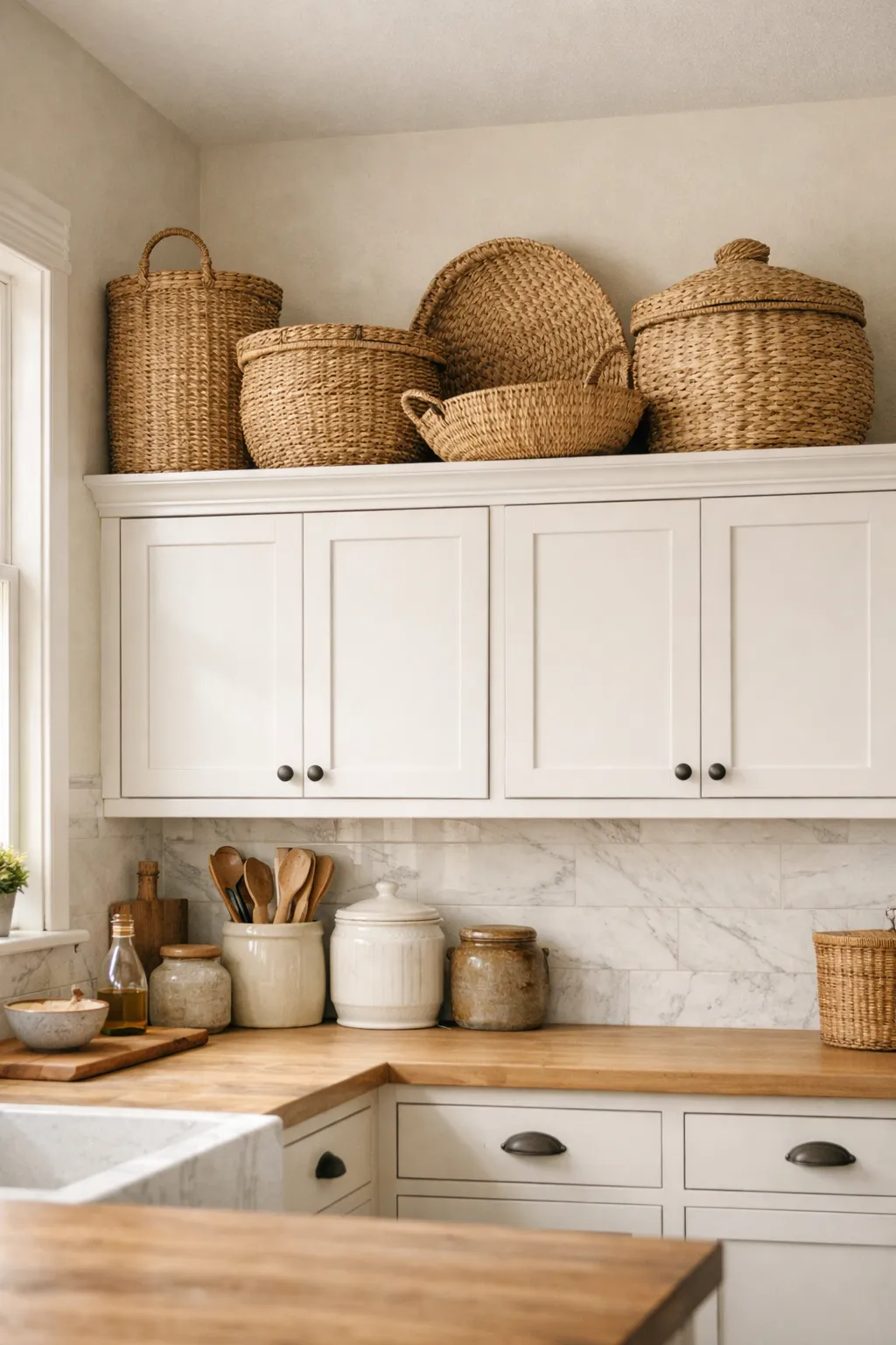 Large woven baskets styled above white kitchen cabinets adding warmth and texture.