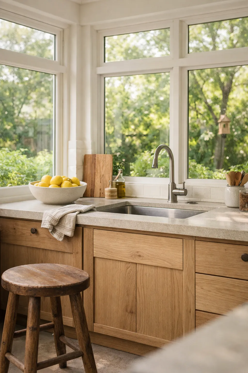 A bright solarium kitchen with wraparound windows, warm wood tones, and an open airy layout filled with natural light.