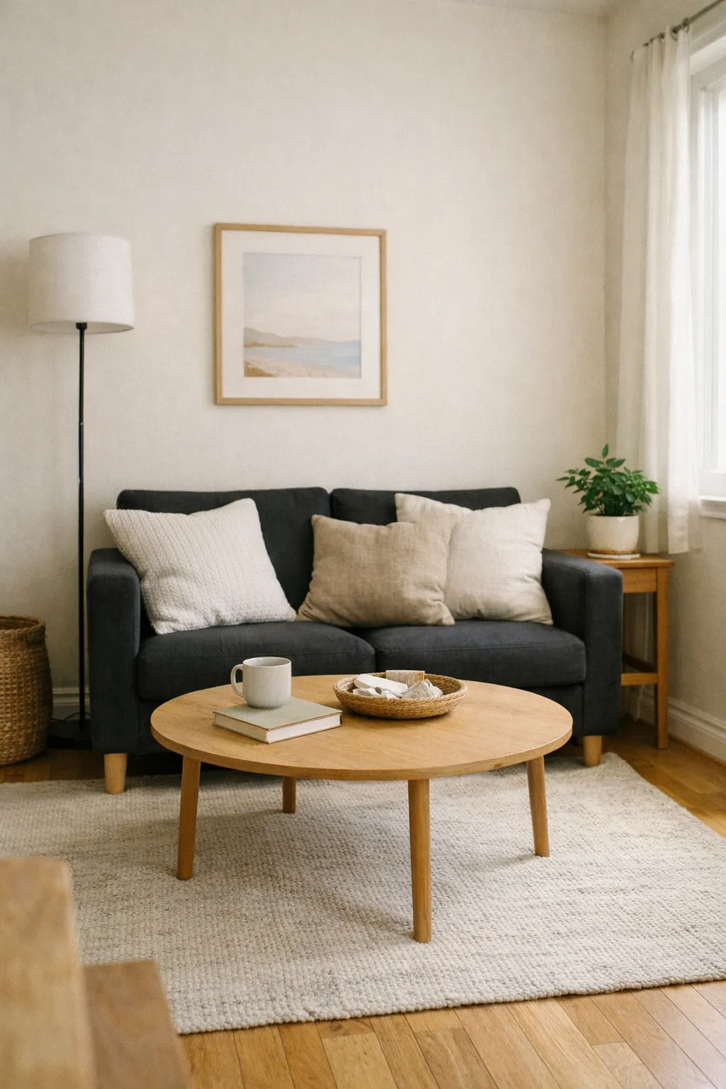 A compact apartment living room with a black sofa, pale rug, light wood accents, and an airy uncluttered layout.