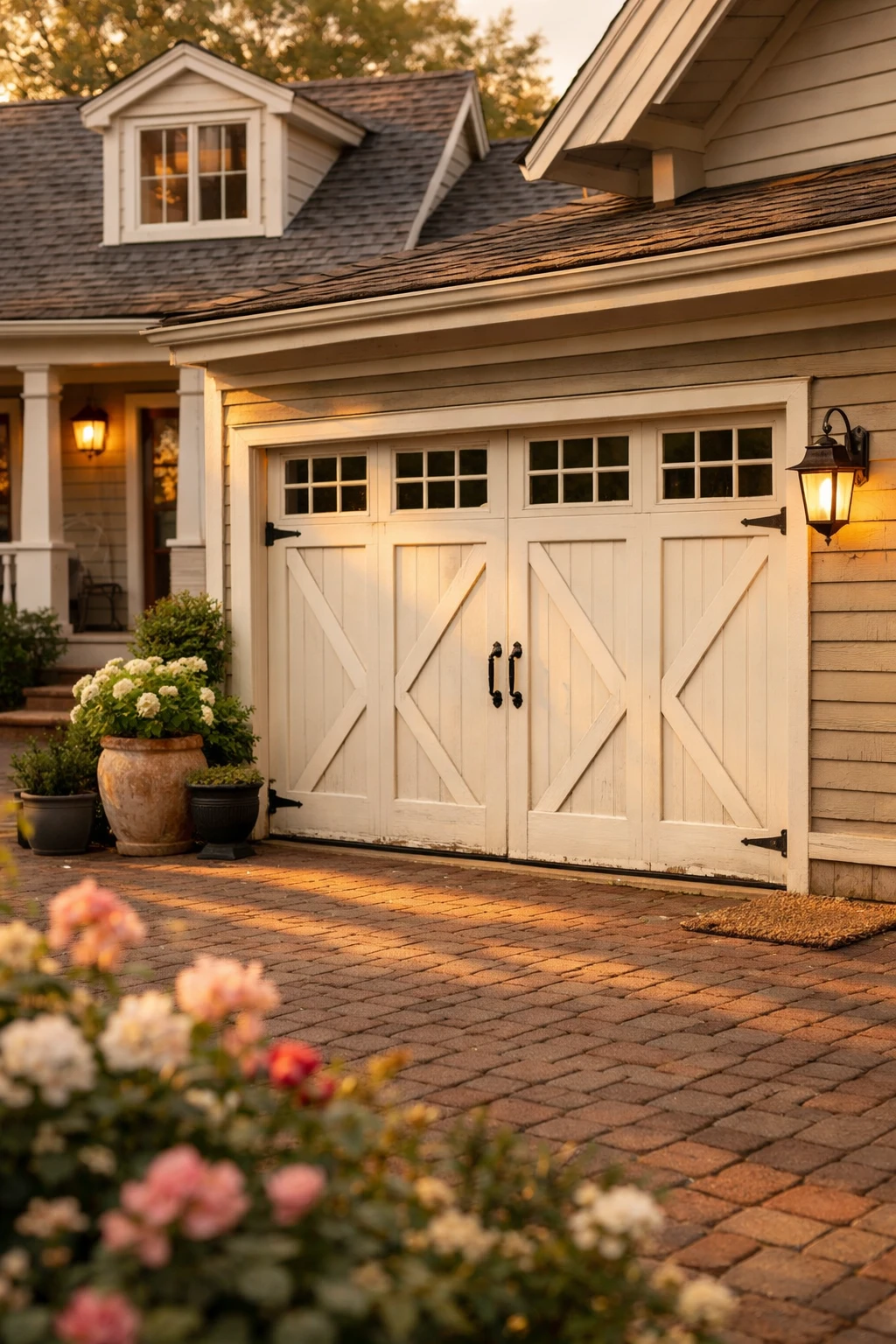 A traditional home with carriage house garage doors, crossbuck details, and classic exterior lighting.