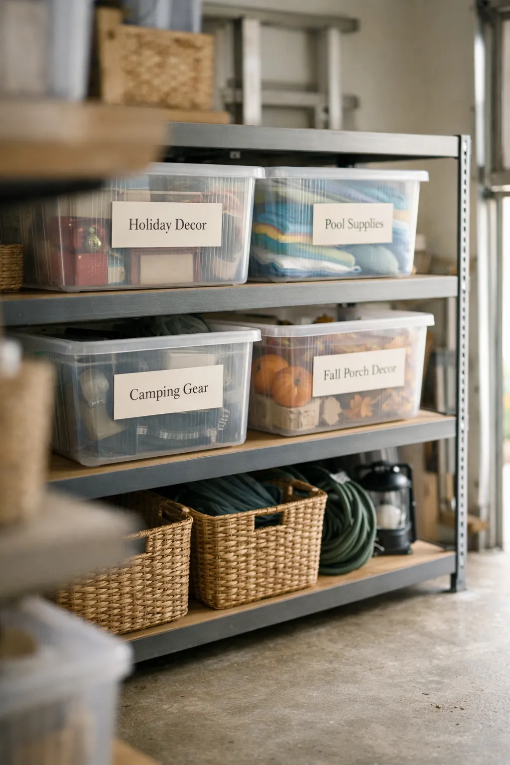 Clear storage bins with simple labels lined up on garage shelves for seasonal organization.