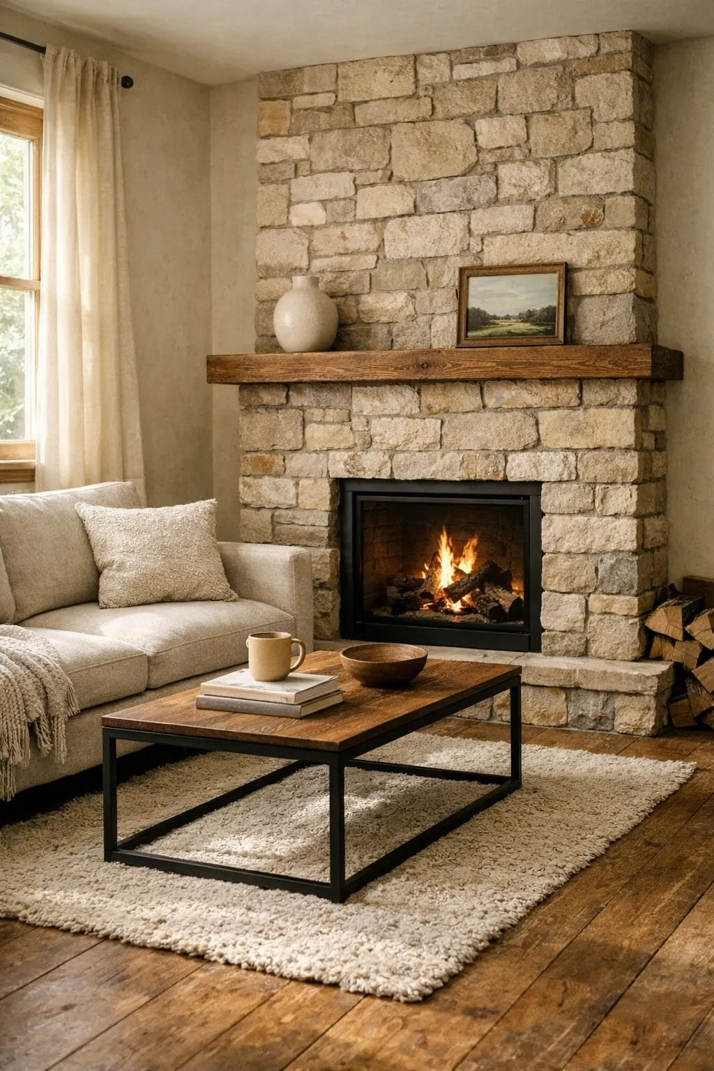 Small cabin living room featuring a compact stacked stone fireplace