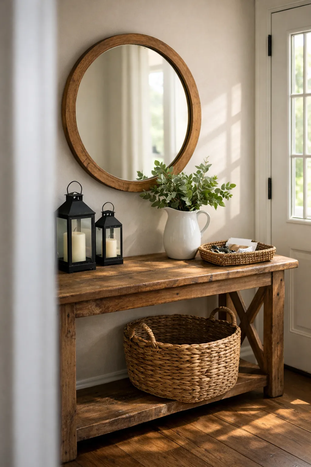 Farmhouse entryway console with round wood mirror, lanterns, and woven basket underneath.