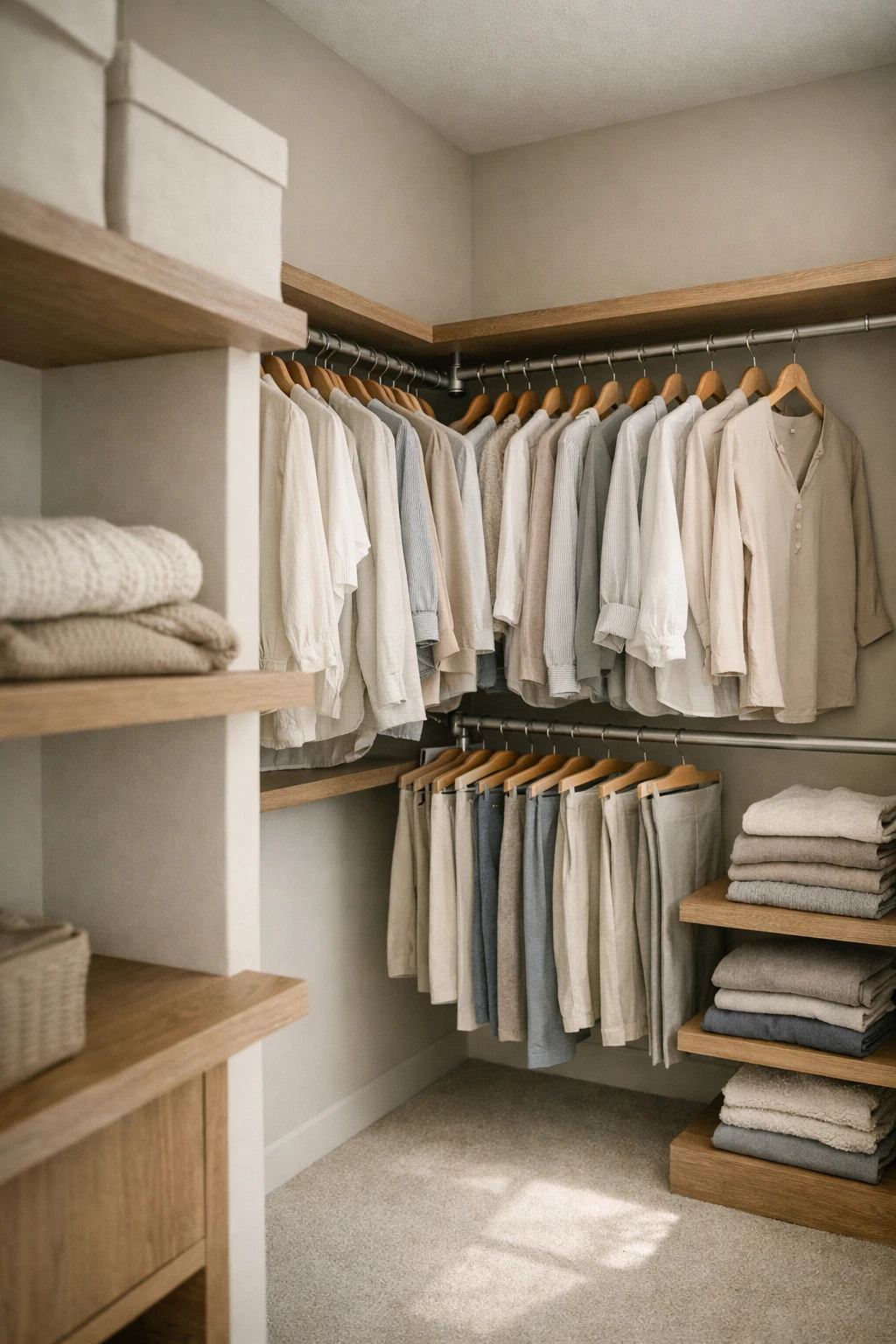 A compact walk-in corner closet with double hanging rods and organized neutral clothing.