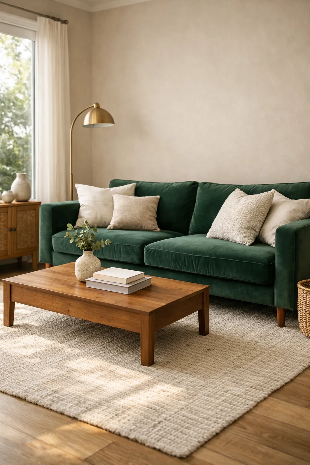 A stylish living room centered around an emerald green velvet sofa.