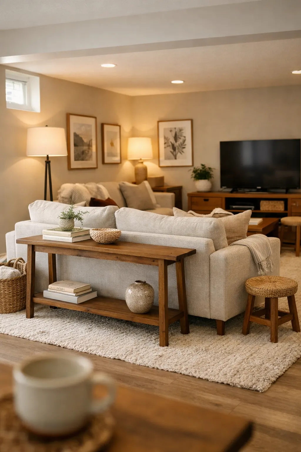 A basement family room with furniture pulled off the walls to create a cozy central seating area.