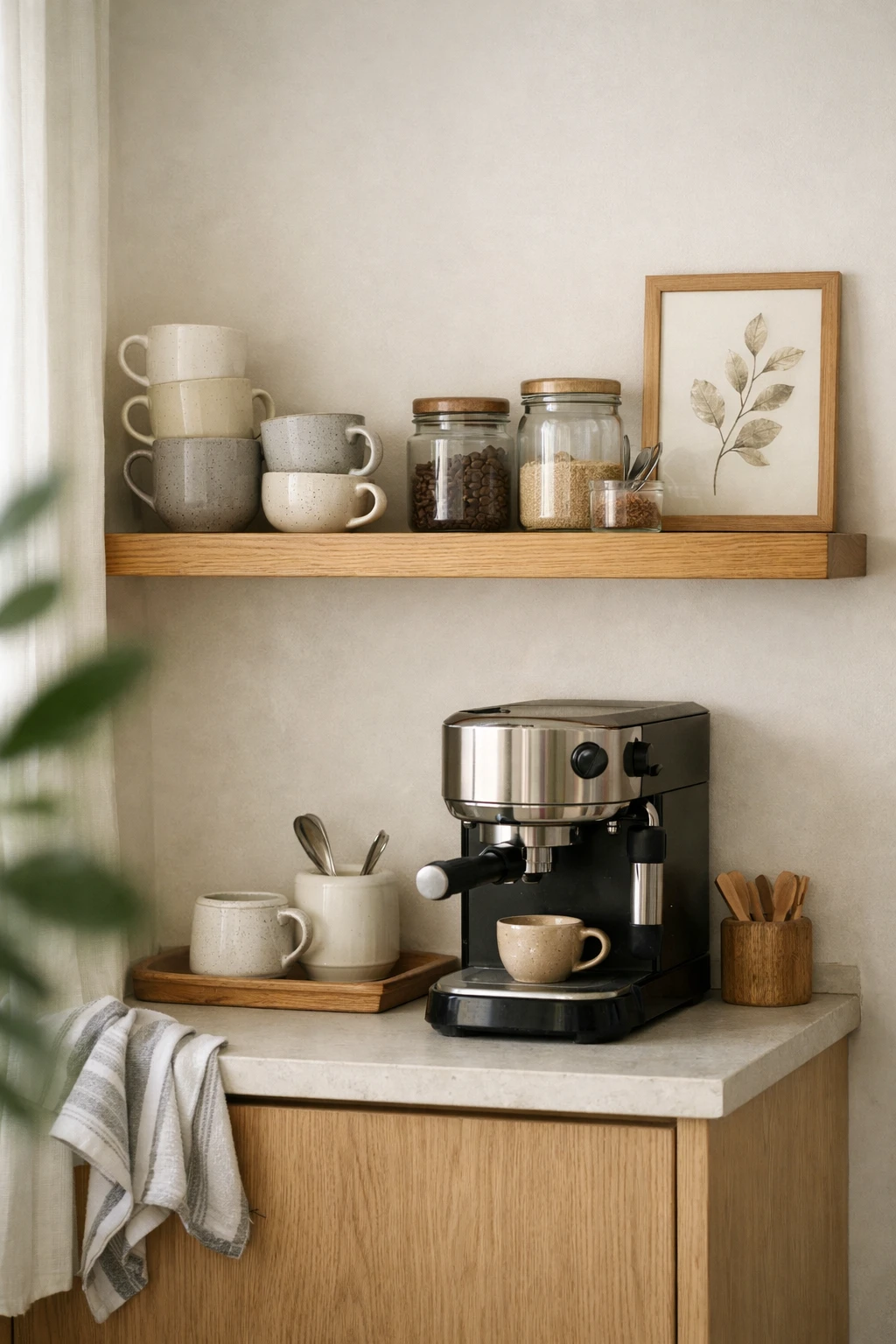 A home coffee nook with a floating wood shelf above a countertop holding mugs, jars, and simple decor.
