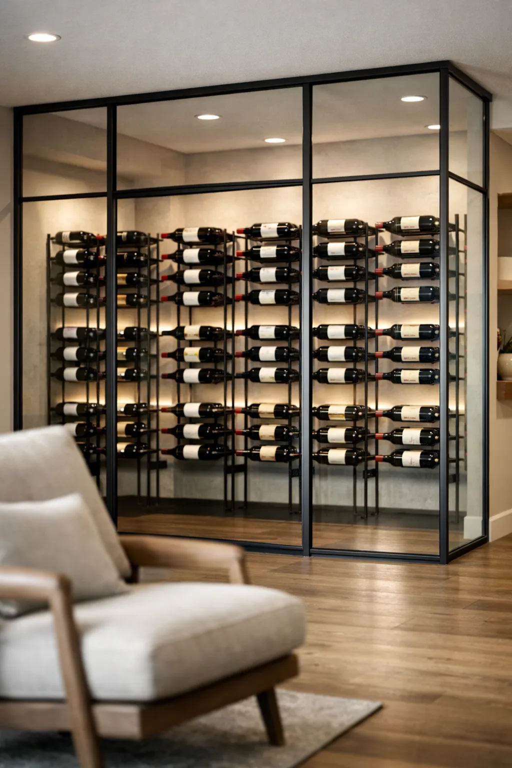 Modern glass enclosed basement wine cellar with black metal racks and soft LED lighting.
