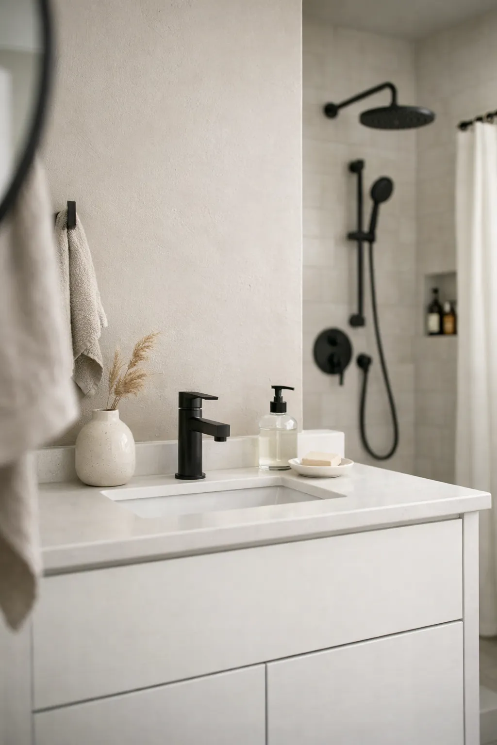 A neutral modern bathroom with soft greige walls and matte black fixtures.