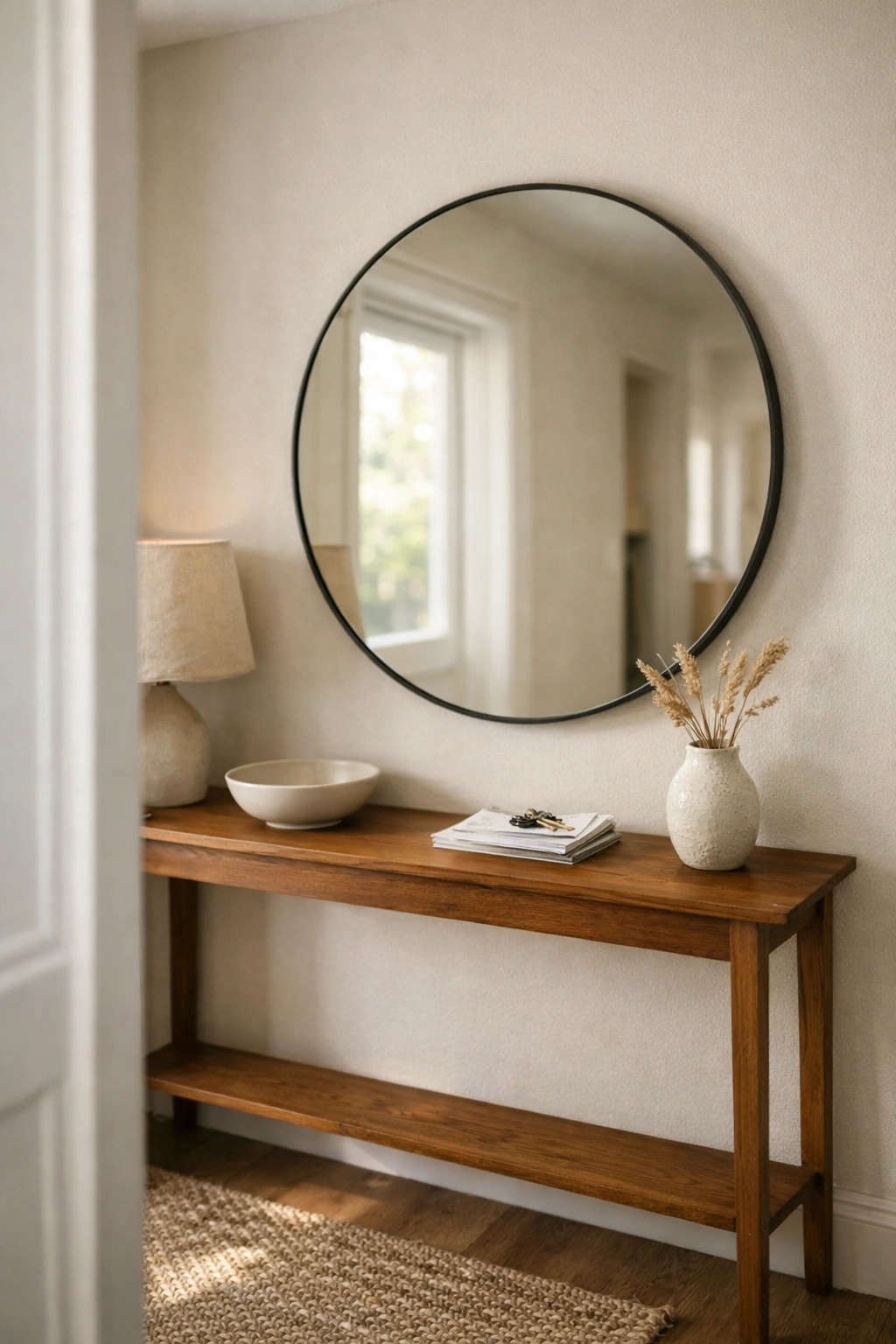 A small home entrance styled with a large mirror above a simple console table.