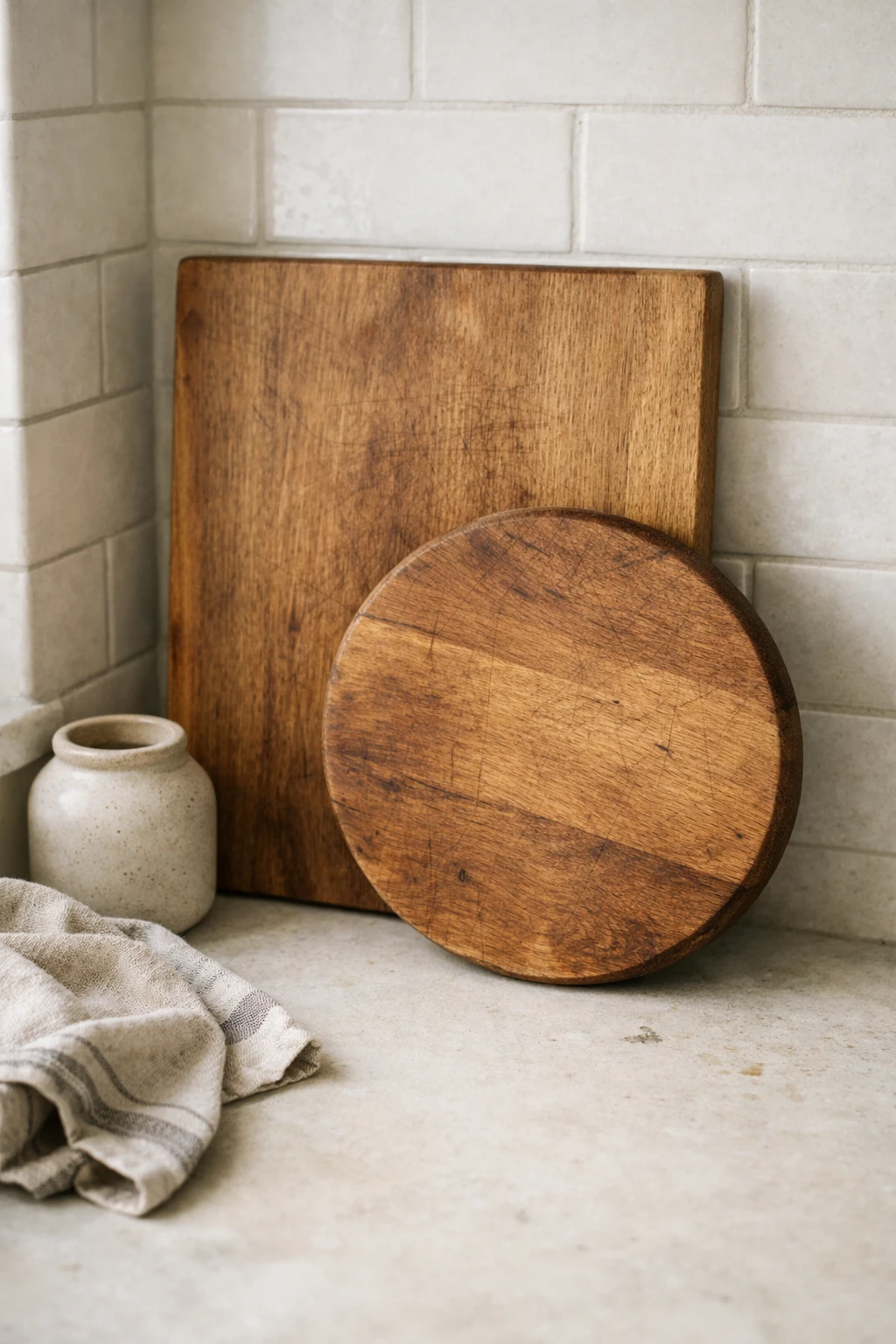 Two wooden cutting boards layered against a kitchen backsplash beside a clean countertop corner.