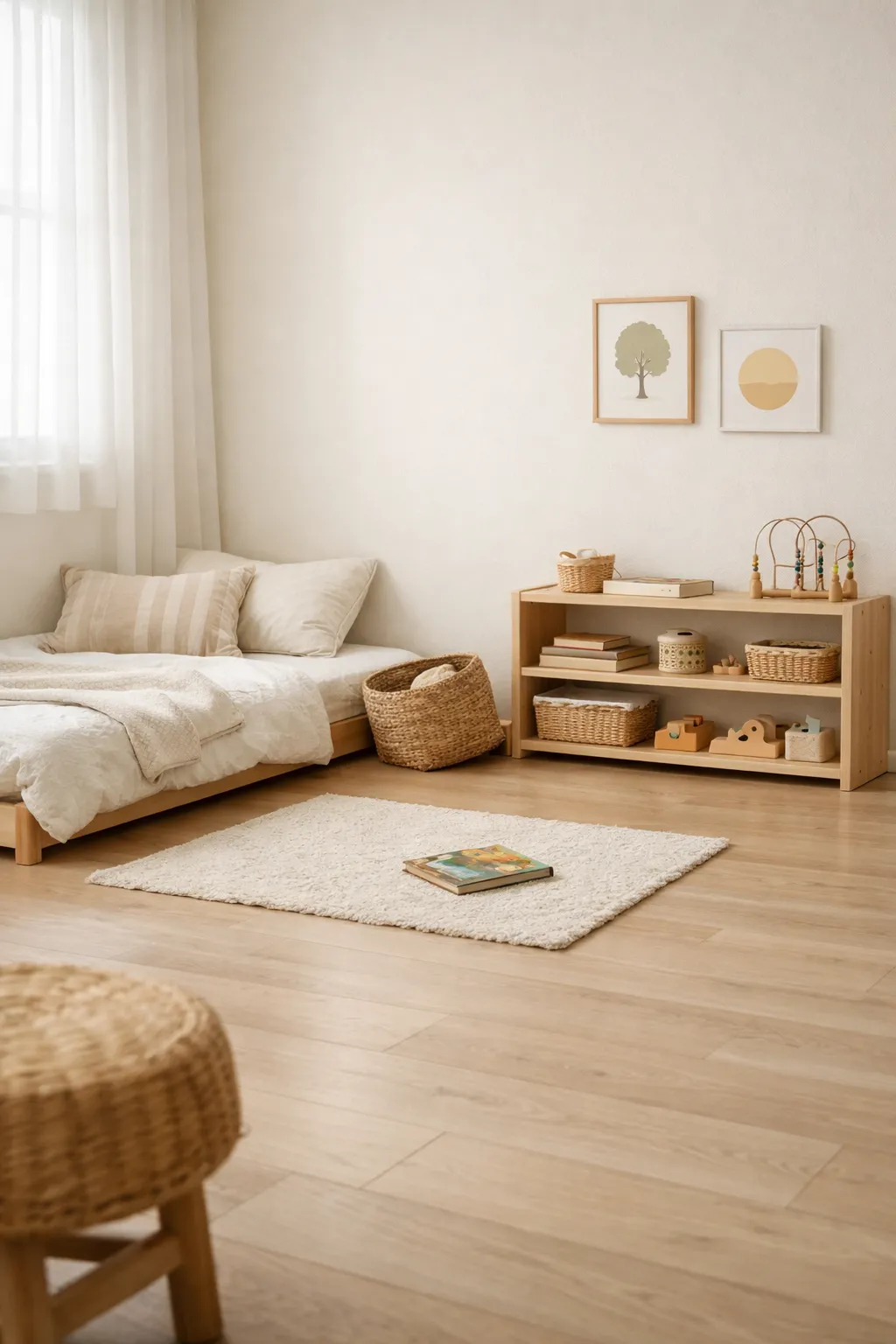 A simple Montessori bedroom with open floor space, limited furniture, and a clean child-friendly layout.