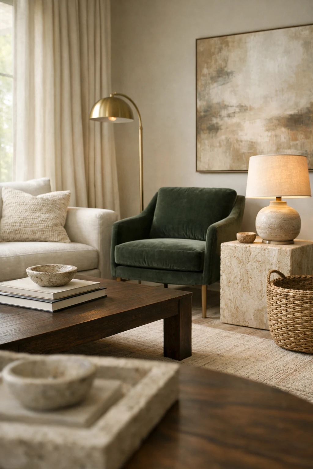A living room with stone, wood, linen, velvet, and brass layered together in a polished luxury setting.