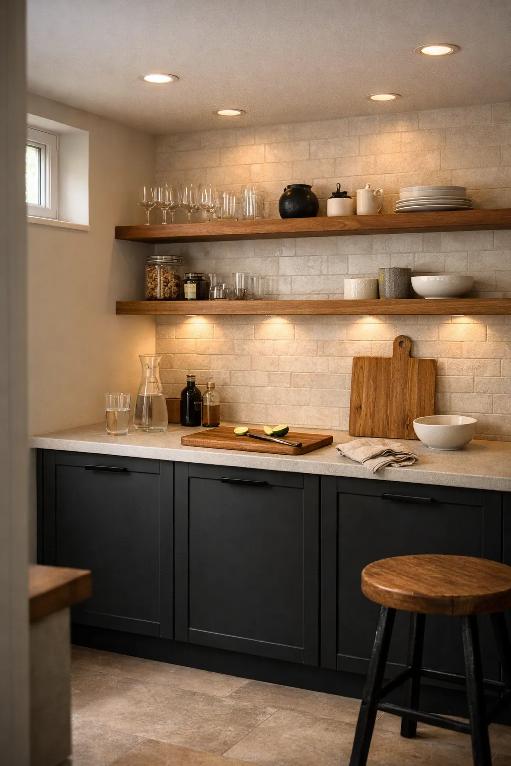 A modern basement kitchenette with matte black cabinets, warm wood shelving, and soft lighting.