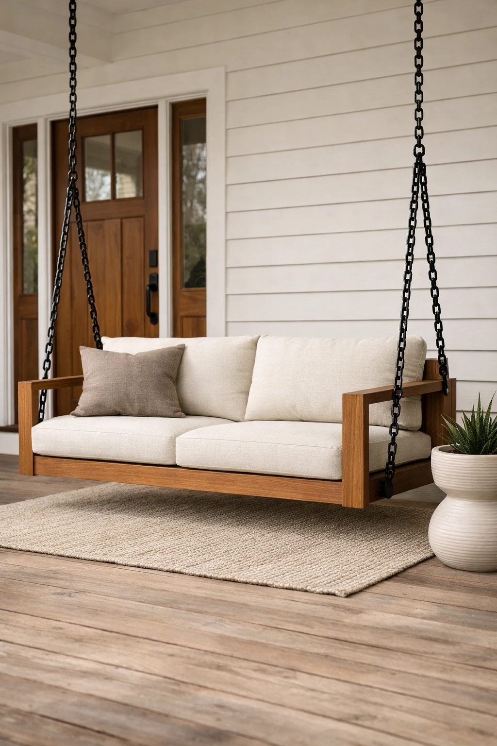 A modern porch swing with black chains, warm neutral cushions, and clean-lined decor on a minimal front porch.