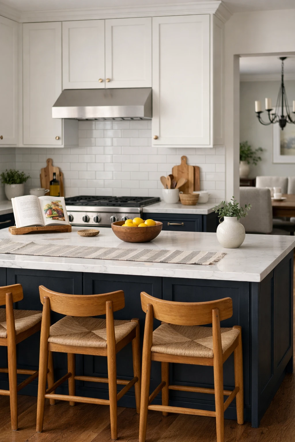 A classic kitchen with navy lower cabinets, white uppers, marble-look counters, and polished hardware.