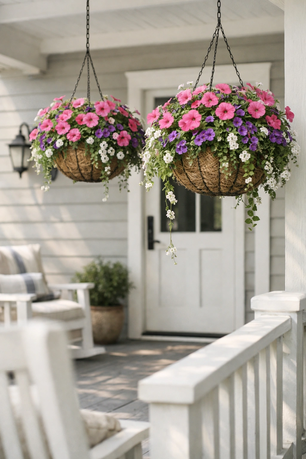 Hanging baskets full of trailing flowers add color and softness to a covered front porch.