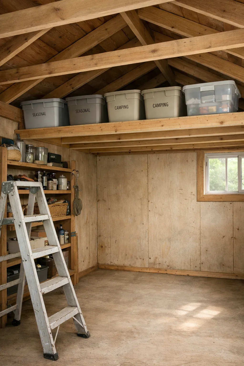 Overhead storage platform installed between shed ceiling rafters for seasonal items.
