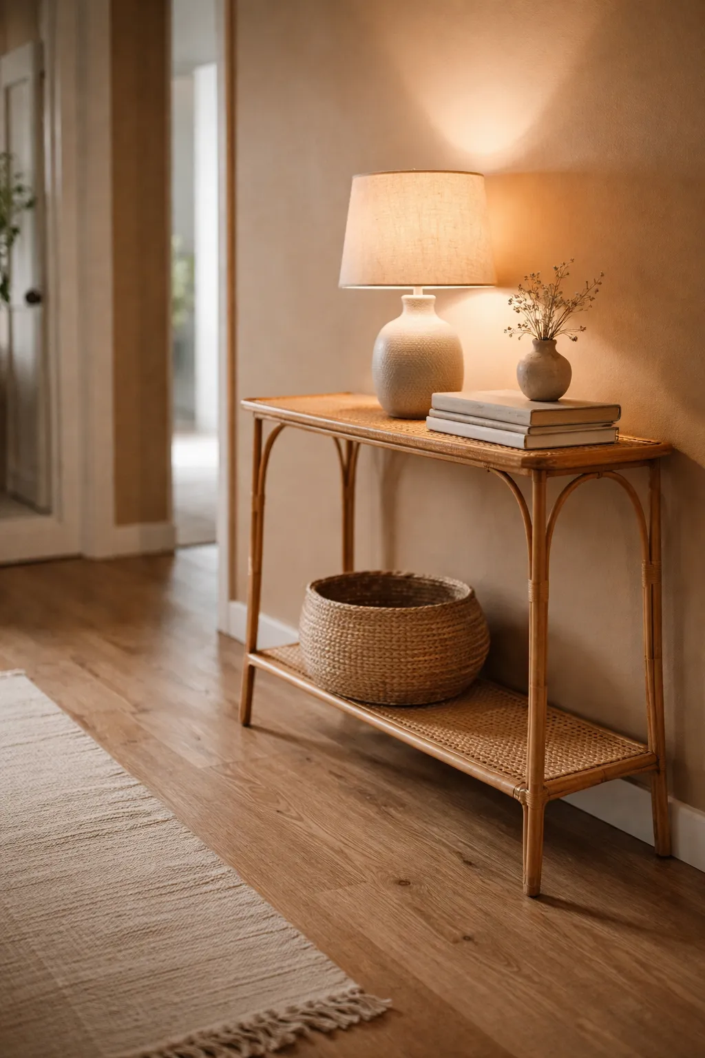 Slim rattan console table styled with ceramic lamp and books in a bohemian hallway.