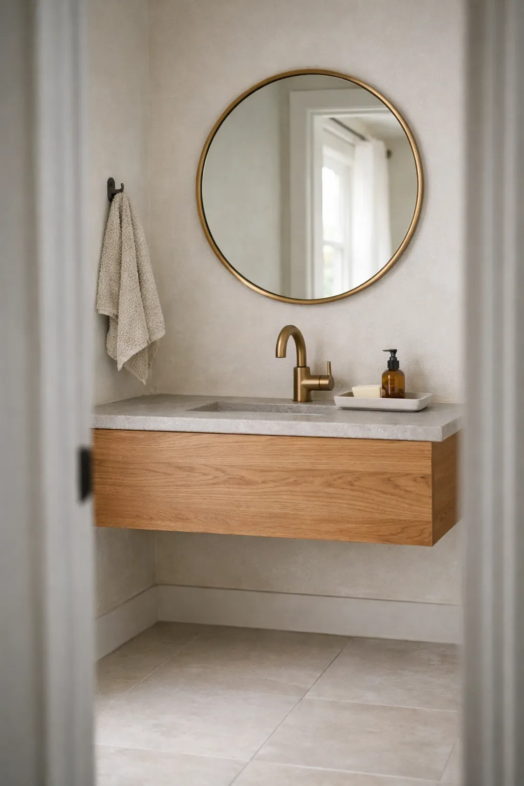 A small powder room with a floating wood vanity, round mirror, and clean modern styling.